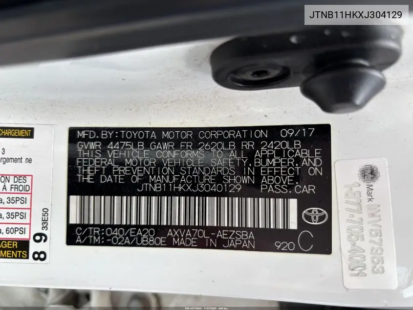 JTNB11HKXJ3040129 2018 Toyota Camry L/Le/Xle/Se/Xse