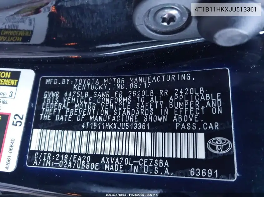 4T1B11HKXJU513361 2018 Toyota Camry Se