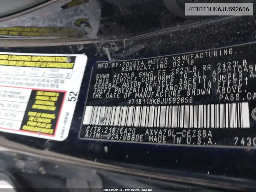 4T1B11HK6JU592656 2018 Toyota Camry Se
