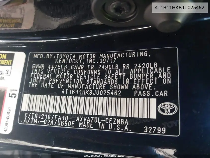 4T1B11HK8JU025462 2018 Toyota Camry Le