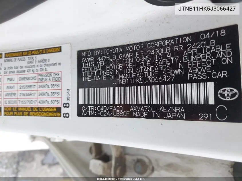JTNB11HK5J3066427 2018 Toyota Camry Le