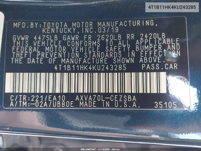 4T1B11HK4KU243285 2019 Toyota Camry Se