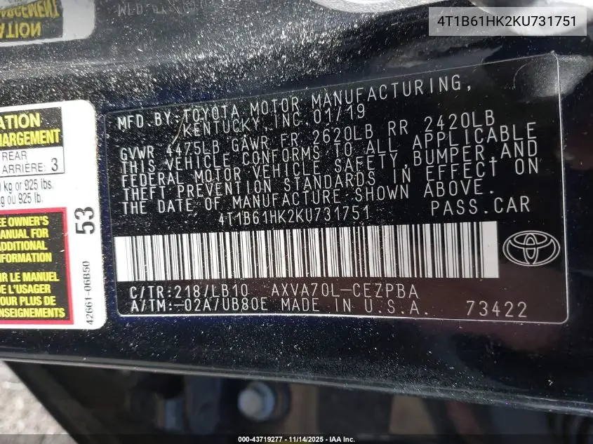 4T1B61HK2KU731751 2019 Toyota Camry Xse