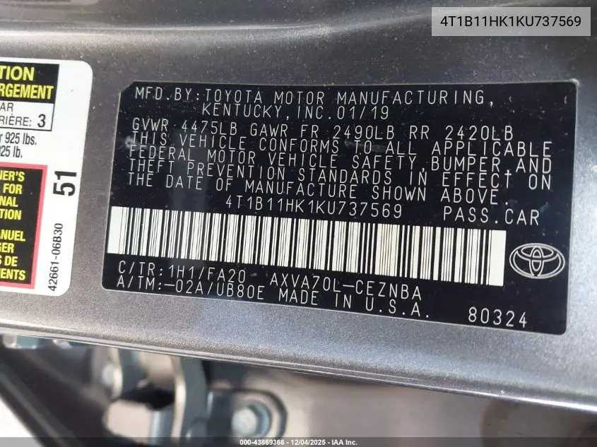 4T1B11HK1KU737569 2019 Toyota Camry Le