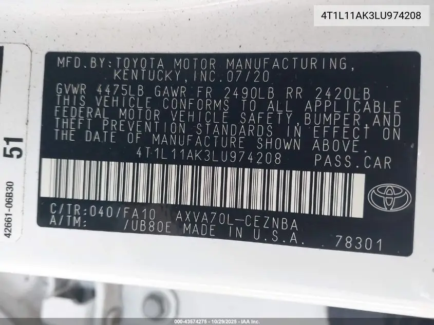 4T1L11AK3LU974208 2020 Toyota Camry Le