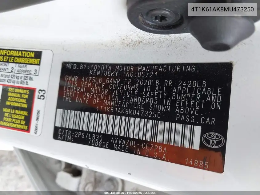 4T1K61AK8MU473250 2021 Toyota Camry Xse