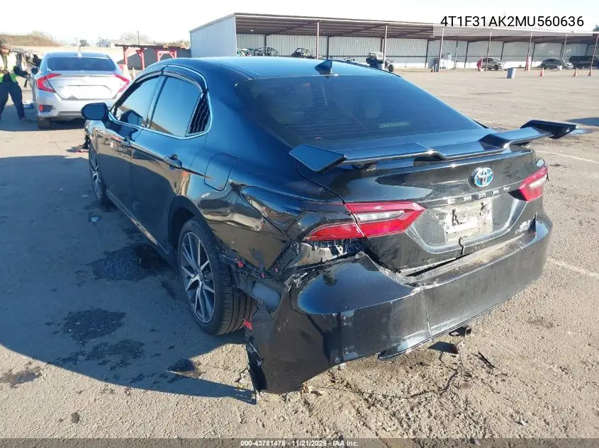 4T1F31AK2MU560636 2021 Toyota Camry Xle Hybrid