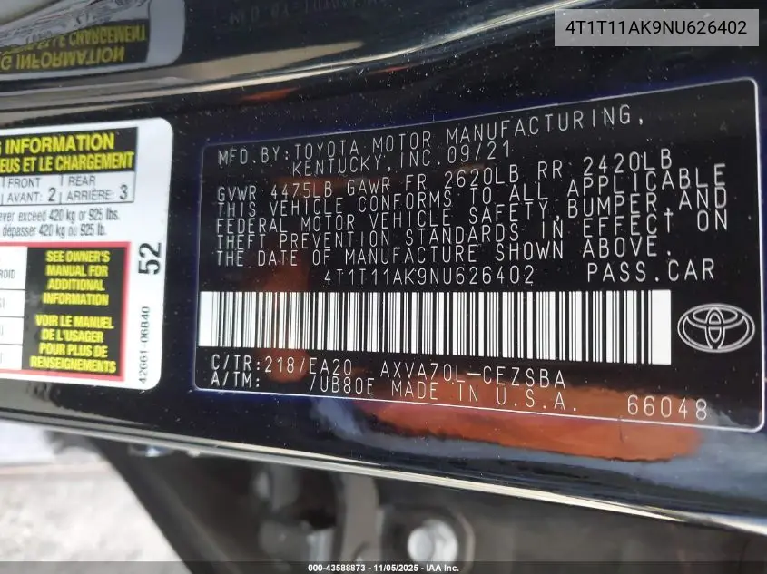 4T1T11AK9NU626402 2022 Toyota Camry Se