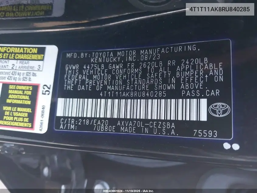 4T1T11AK8RU840285 2024 Toyota Camry Se