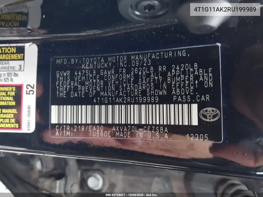 4T1G11AK2RU199989 2024 Toyota Camry Se
