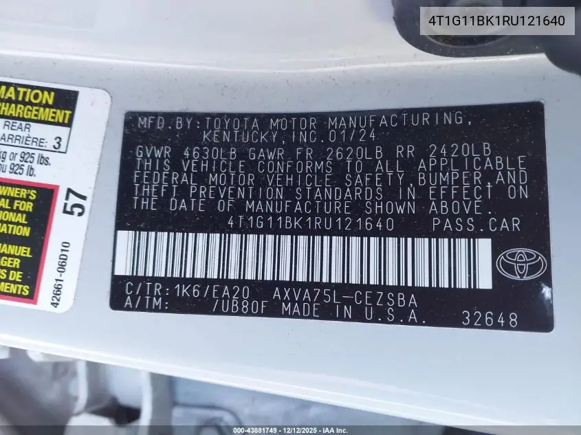 4T1G11BK1RU121640 2024 Toyota Camry Se