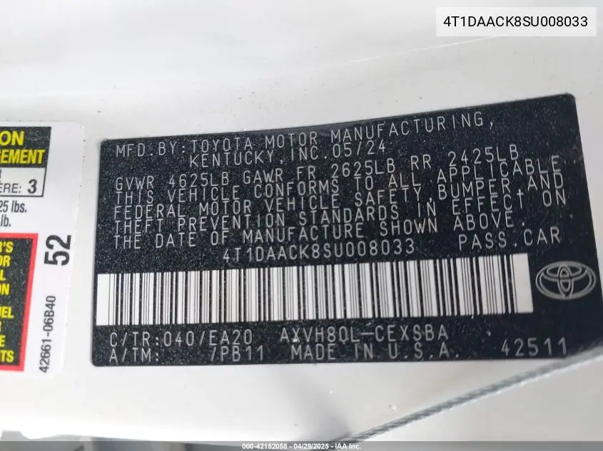 4T1DAACK8SU008033 2025 Toyota Camry Se