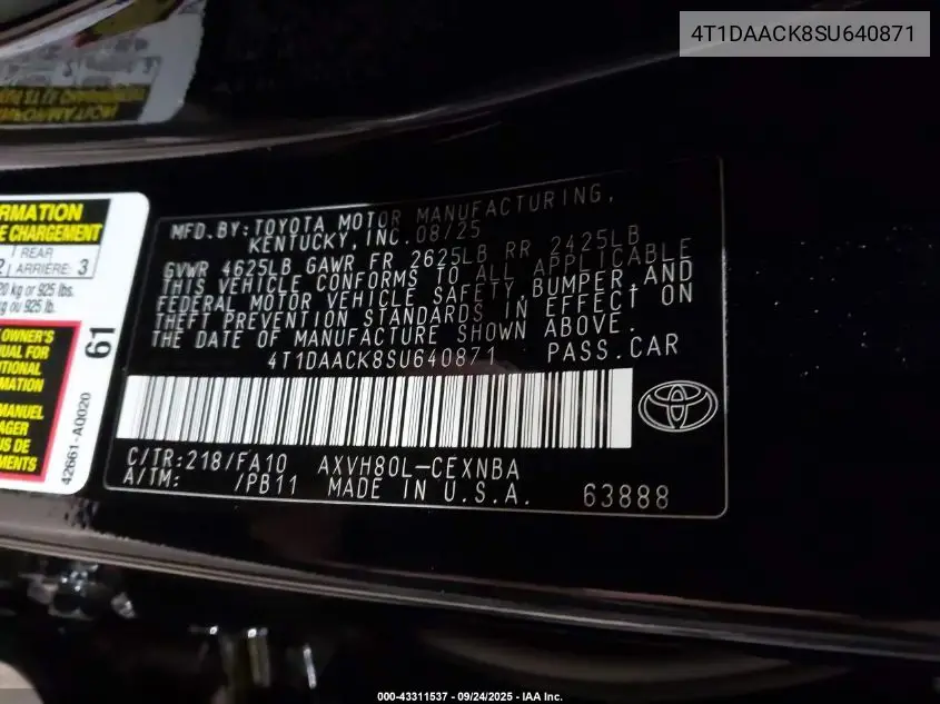 4T1DAACK8SU640871 2025 Toyota Camry Le
