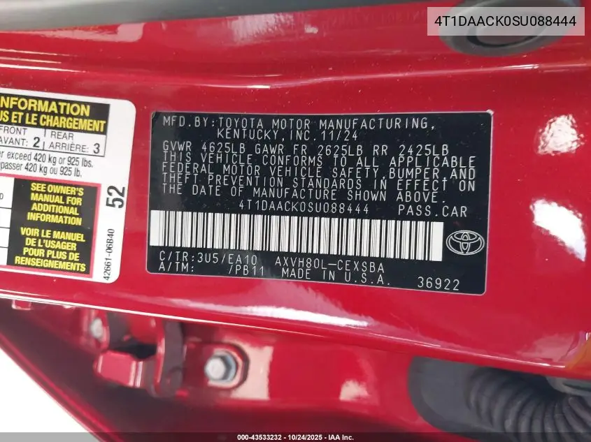 4T1DAACK0SU088444 2025 Toyota Camry Se