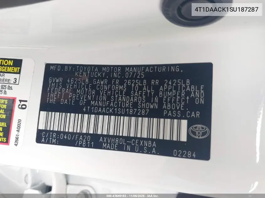 4T1DAACK1SU187287 2025 Toyota Camry Le