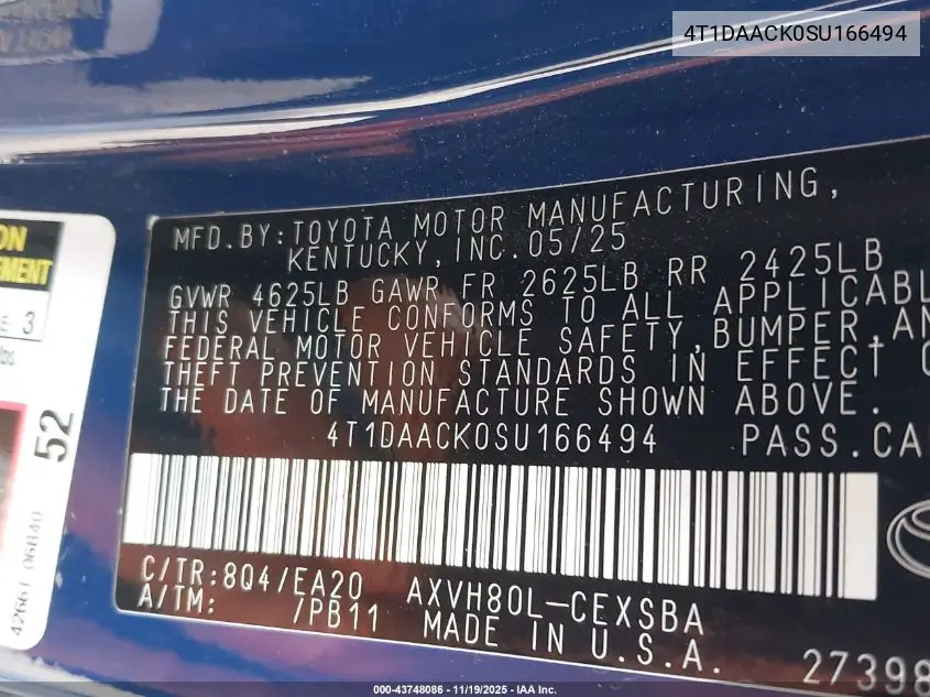 4T1DAACK0SU166494 2025 Toyota Camry Se