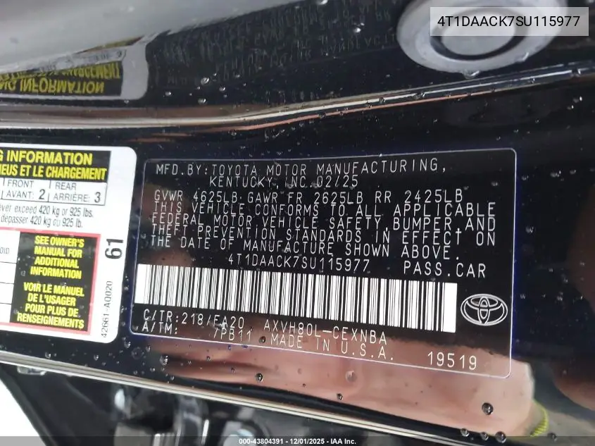 4T1DAACK7SU115977 2025 Toyota Camry Le