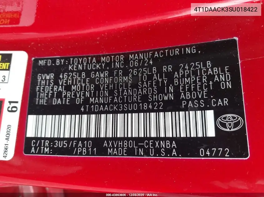 4T1DAACK3SU018422 2025 Toyota Camry Le