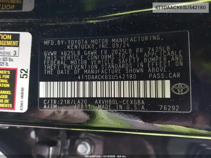 4T1DAACK6SU542180 2025 Toyota Camry Xle