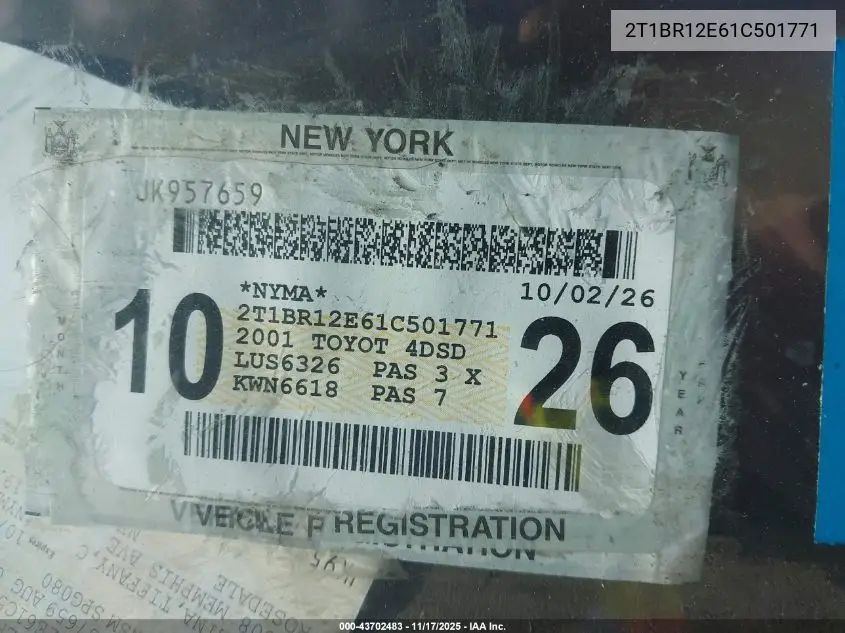 2T1BR12E61C501771 2001 Toyota Corolla Le