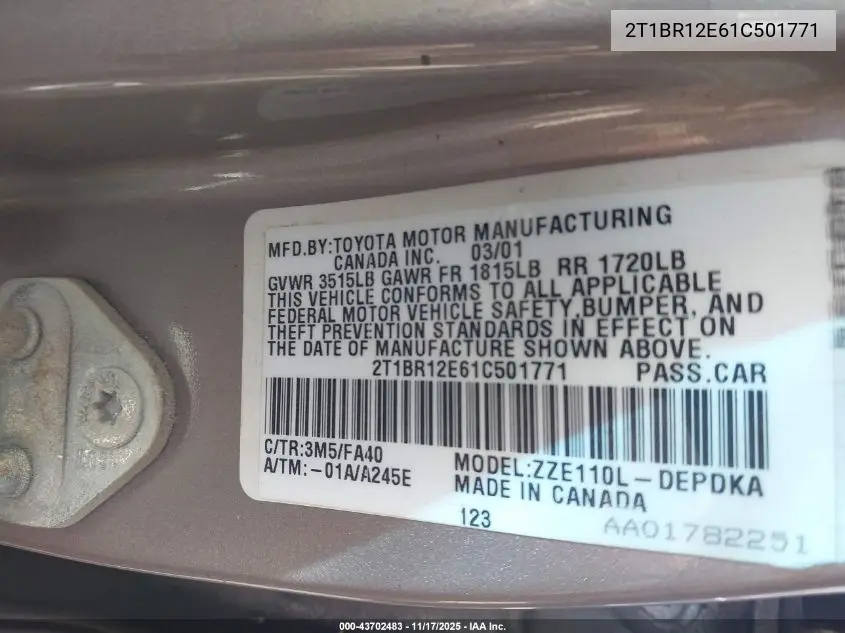 2T1BR12E61C501771 2001 Toyota Corolla Le
