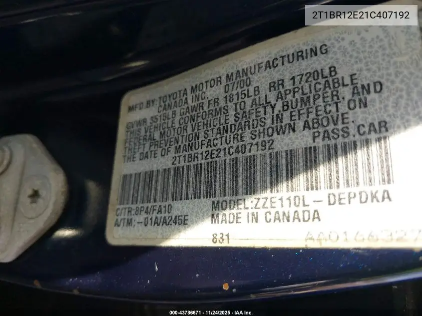 2T1BR12E21C407192 2001 Toyota Corolla Le