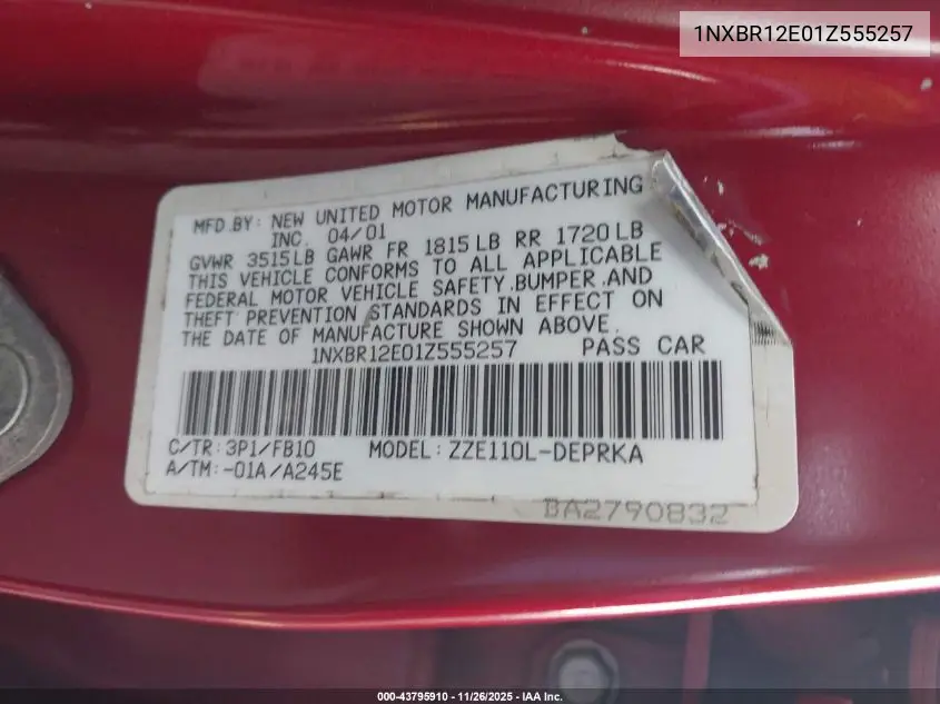 1NXBR12E01Z555257 2001 Toyota Corolla Ce
