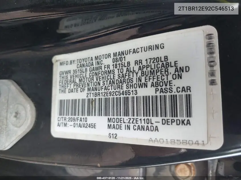 2T1BR12E92C546513 2002 Toyota Corolla Le