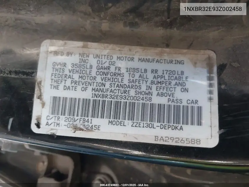 1NXBR32E93Z002458 2003 Toyota Corolla Ce