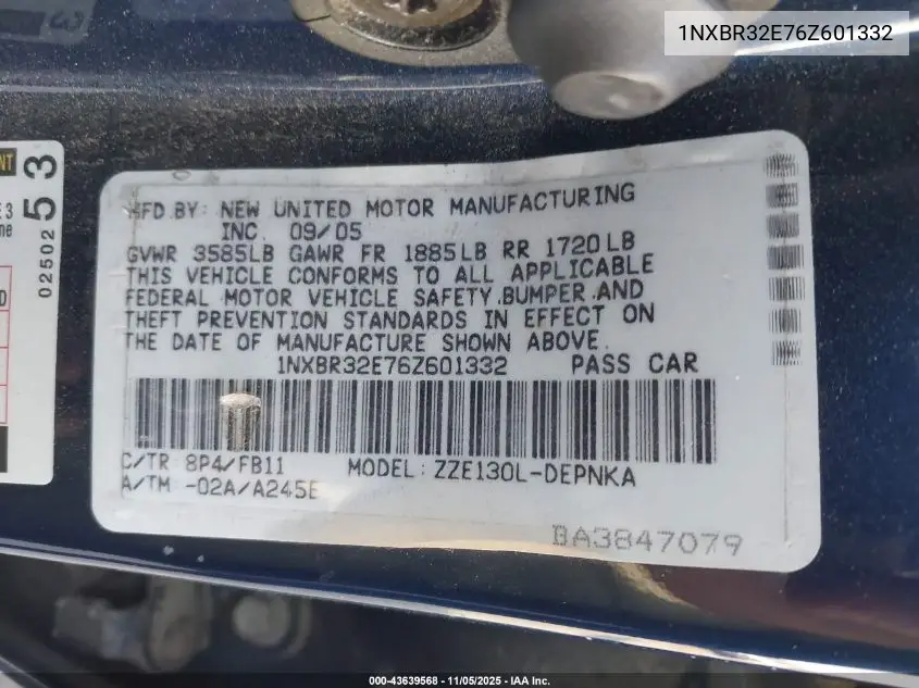 1NXBR32E76Z601332 2006 Toyota Corolla Le
