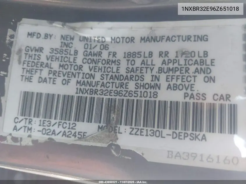 1NXBR32E96Z651018 2006 Toyota Corolla S