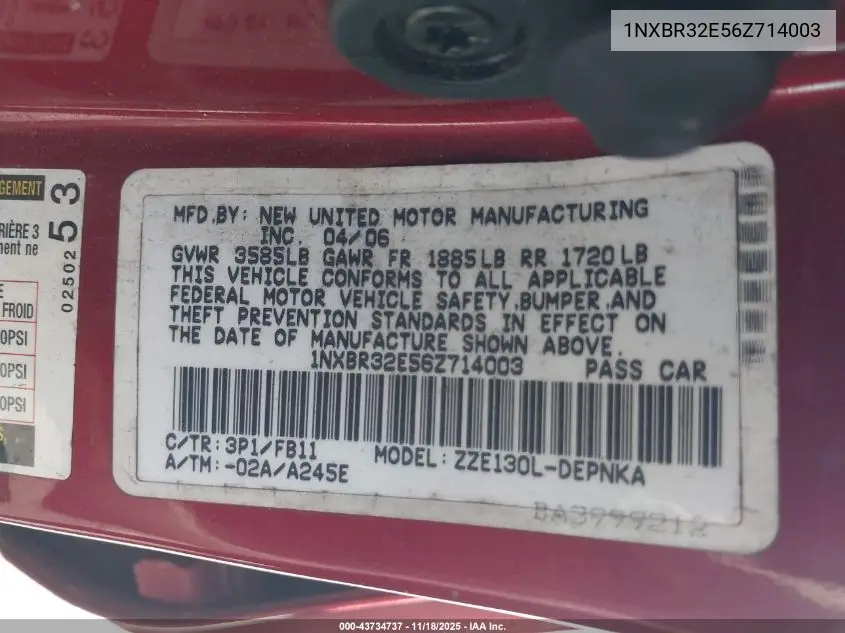 1NXBR32E56Z714003 2006 Toyota Corolla Le