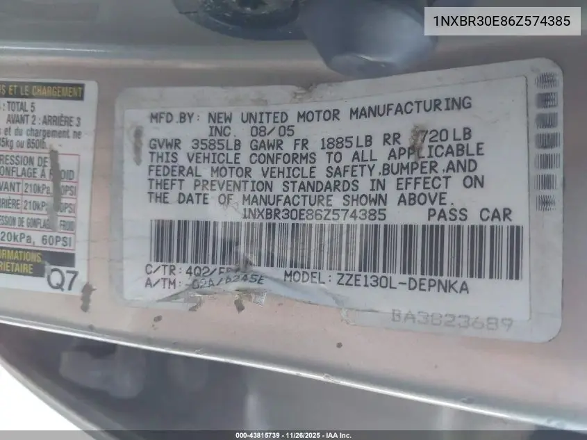 1NXBR30E86Z574385 2006 Toyota Corolla Ce/Le/S
