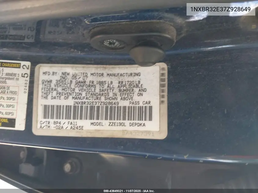 1NXBR32E37Z928649 2007 Toyota Corolla Ce