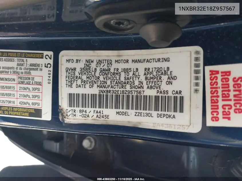 1NXBR32E18Z957567 2008 Toyota Corolla Ce