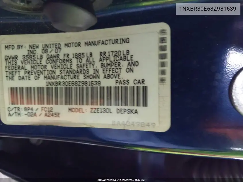 1NXBR30E68Z981639 2008 Toyota Corolla S