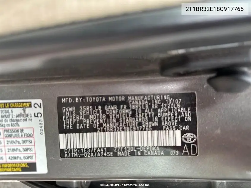 2T1BR32E18C917765 2008 Toyota Corolla Ce