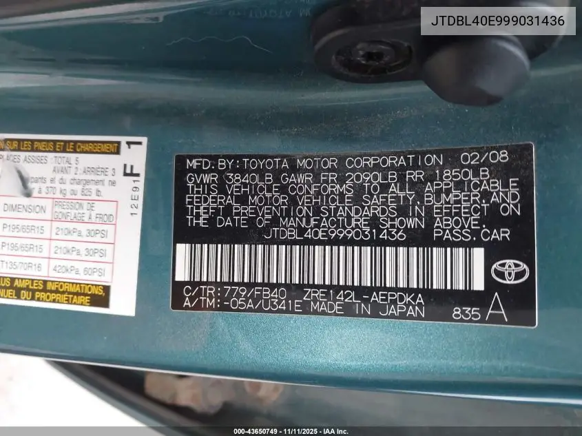 JTDBL40E999031436 2009 Toyota Corolla