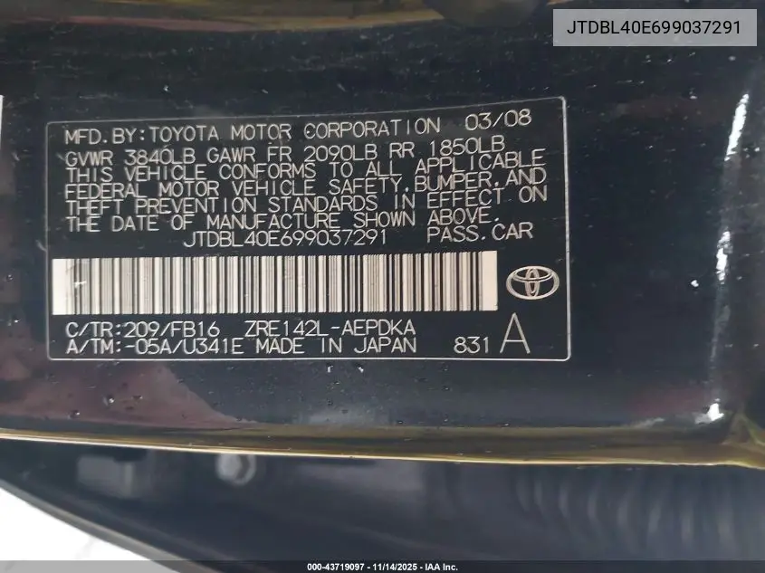 JTDBL40E699037291 2009 Toyota Corolla Le