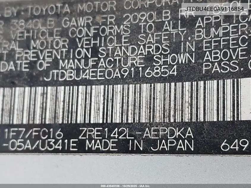 JTDBU4EE0A9116854 2010 Toyota Corolla S/Le/Xle