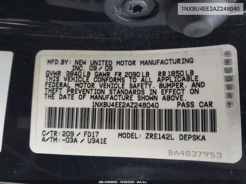 1NXBU4EE2AZ248040 2010 Toyota Corolla S