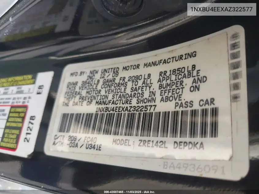 1NXBU4EEXAZ322577 2010 Toyota Corolla Le