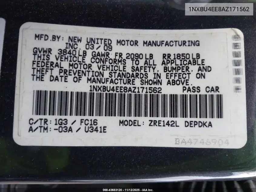 1NXBU4EE8AZ171562 2010 Toyota Corolla Le
