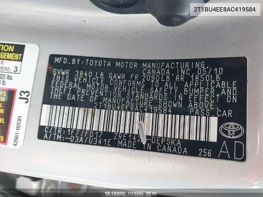 2T1BU4EE8AC419584 2010 Toyota Corolla S