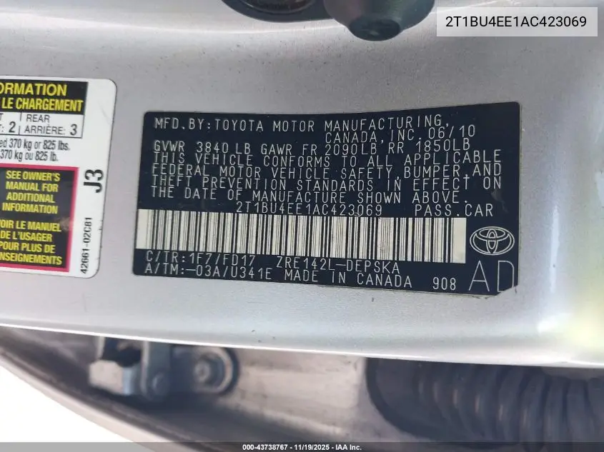 2T1BU4EE1AC423069 2010 Toyota Corolla S