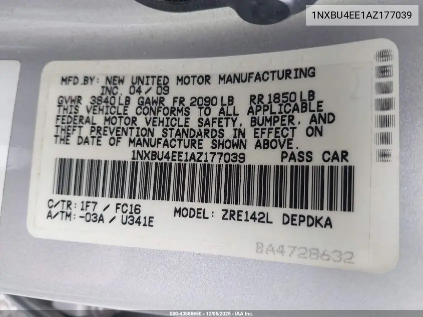 1NXBU4EE1AZ177039 2010 Toyota Corolla Le