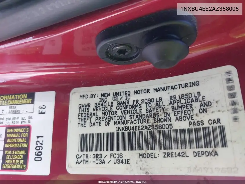 1NXBU4EE2AZ358005 2010 Toyota Corolla Le