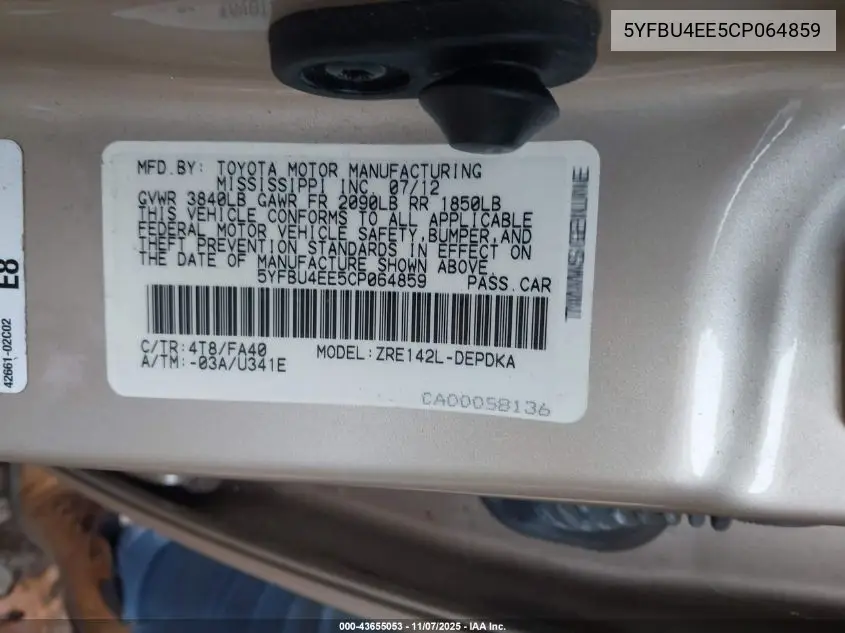 5YFBU4EE5CP064859 2012 Toyota Corolla L