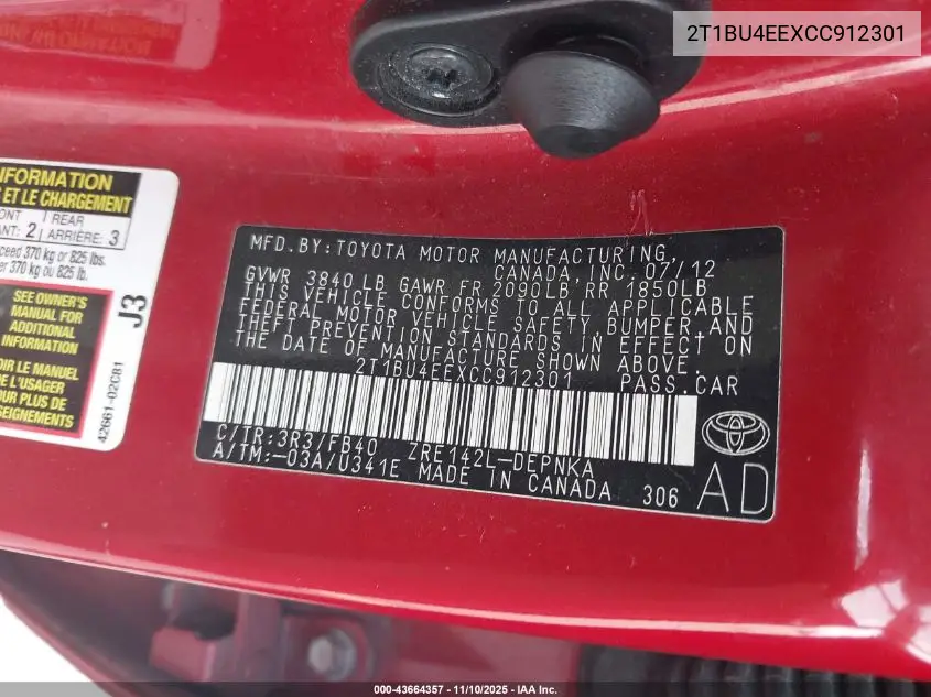 2T1BU4EEXCC912301 2012 Toyota Corolla Le