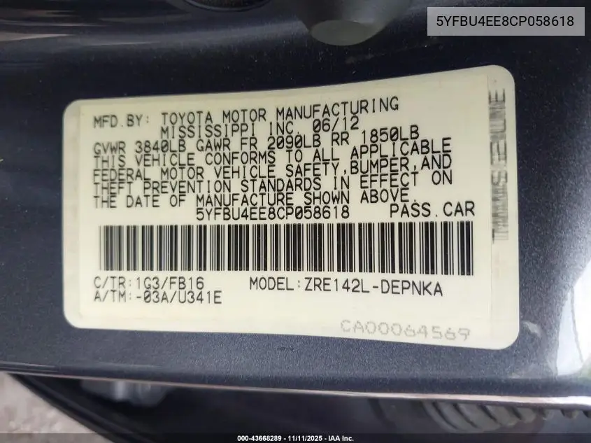 5YFBU4EE8CP058618 2012 Toyota Corolla Le